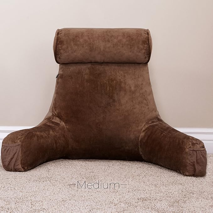Husband Pillow Medium Reading Pillow with Arms - 23" Backrest for Sitting Up in Bed - Firm Support Bed Rest Pillow for Adults, Neck Roll, Removable Cover - TV, Reading, Lounging - Chocolate