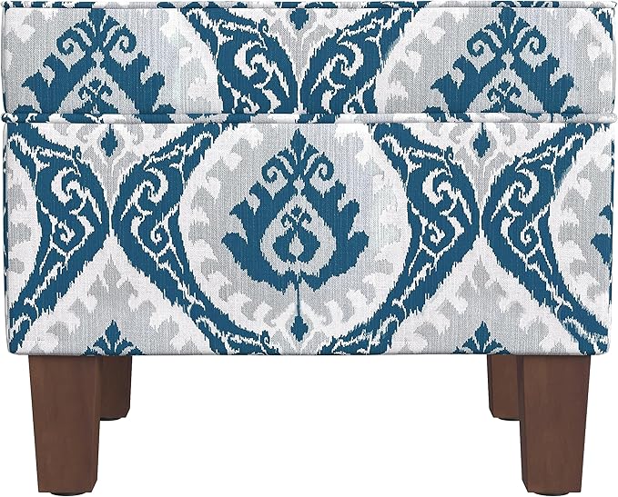 Homepop Home Decor |K7646-A877| Upholstered Modern Rectangular Storage Ottoman | Hinged Lid Ottoman with Storage for Living Room & Bedroom, Blue Ikat Medallion Print