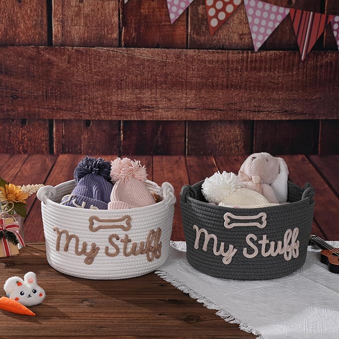 FKOG Hand Personalized Cotton Rope Storage Basket, Custom Pet Dog or Cat Name Basket Organizer, Pet Dog Gift Basket, Puppy Toy Bag (Black Pet Basket)