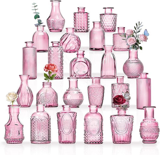 24PCS Mini Bud Vases As Wedding Centerpieces for Tables,Clear Bud Vases for Flowers,Small Flower Vases Suitable for Birthday Party,Anniversary,Wedding Reception,Baby Shower (Pink, 24PCS)
