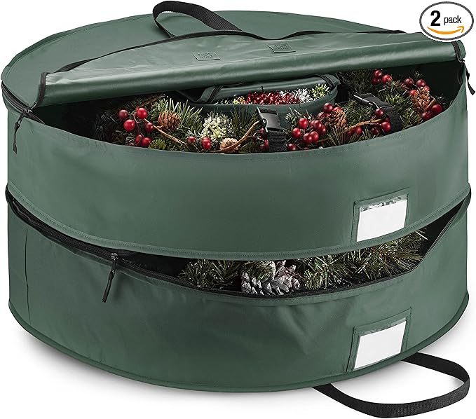 ZOBER Christmas Wreath Storage Container 24 Inch - Wreath Bag Fits 2 Wreaths Box - 600D Oxford Fabric - Interior Compartment for Storing Garlands, Wreaths Storage Bag W Strong Durable Handles - Green