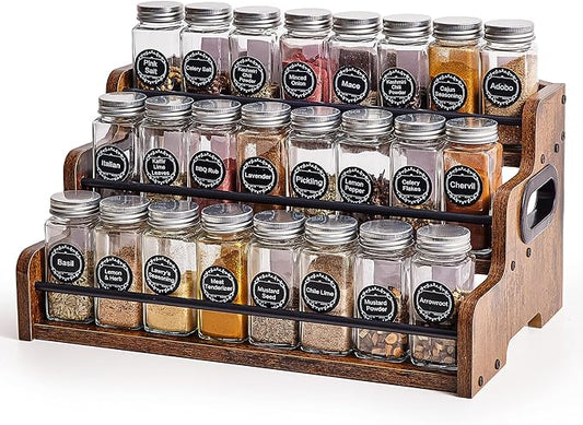 Aminigram Wood Spice Rack Organizer for Cabinet, 3 Tier Spice Shelf Storage, Kitchen Seasoning Organizer for Spice Bottles, Jars, Seasonings, Baking Supplies