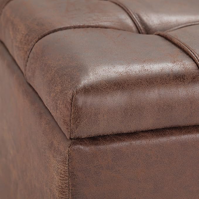 SIMPLIHOME Harrison Coffee Table Storage Ottoman - 36 inch Wide Upholstered Vegan Leather Square Lift-Top Ottoman in Distressed Umber Brown, Transitional Ottoman for Living Room with Storage