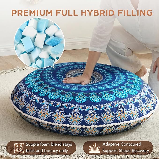 Codi Meditation Floor Pillow, Round Large Pillows Seating for Adults, Bohemian Mandala Circle Cushion for Outdoor Fireplace Yoga Living Room, 32 Inch, Memory Foam Added, Navy