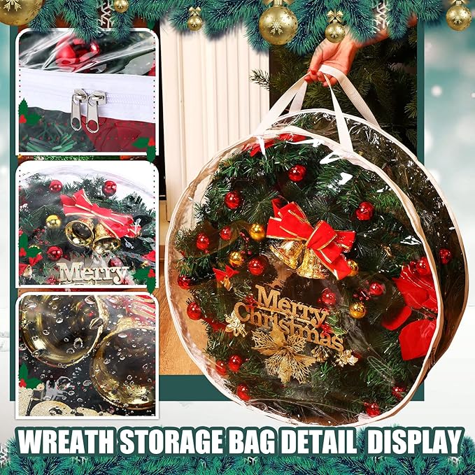 Shappy 4 Pieces Christmas Wreath Storage Container 30 Inch Wreath Plastic Storage Bags with Dual Zippers and Handles for Xmas Thanksgiving Holiday Artificial (Clear)