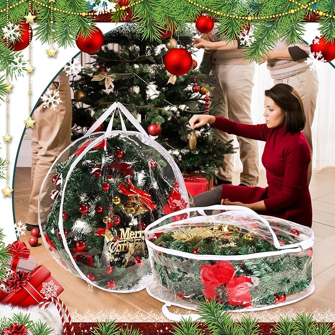 Shappy 10 Pcs 36 Inch Back to School Wreath Storage Container Clear Wreath Storage Bags PVC Waterproof Garland Bags with Clear Window Dual Zippers and Handles for Holiday Artificial Garland (White)