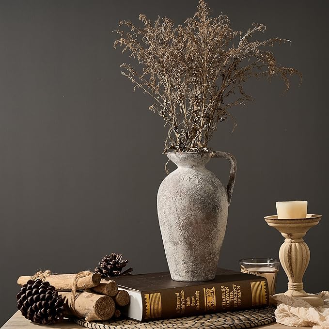 PORCER 9.3 Inch Antique Ceramic Vase, Terracotta Vase with Handle, Tuscan Decor Farmhouse Decorative Vase, Rustic Vase for Home Decor, Living Room, Entryway, Wedding - Distressed Design, Gray