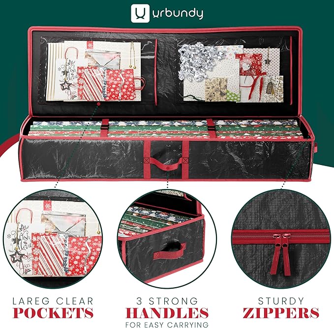 Heavy Duty Wrapping Paper Organizer - Black Christmas Storage Bag for Gift Bags & Decorations