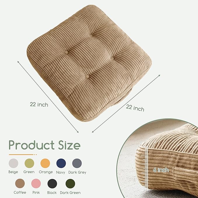 HIGOGOGO 6" Extra Thick Floor Pillow Cushion for Adults, Meditation Cushion Pillow, Large Square Floor Sitting, Tufted Corduroy Cover, for Tatami Living Room or Yoga, 22x22 Inch, Coffee