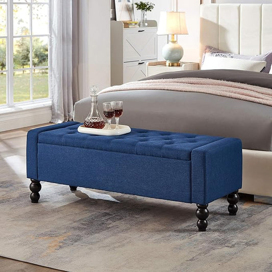 50" W Storage Ottoman Bench with Safety Hinge, Load up to 660 lb Ottoman with Storage, Upholstered Tufted Entryway Bench with Seating for Living Room, Bedroom, Entryway, Blue