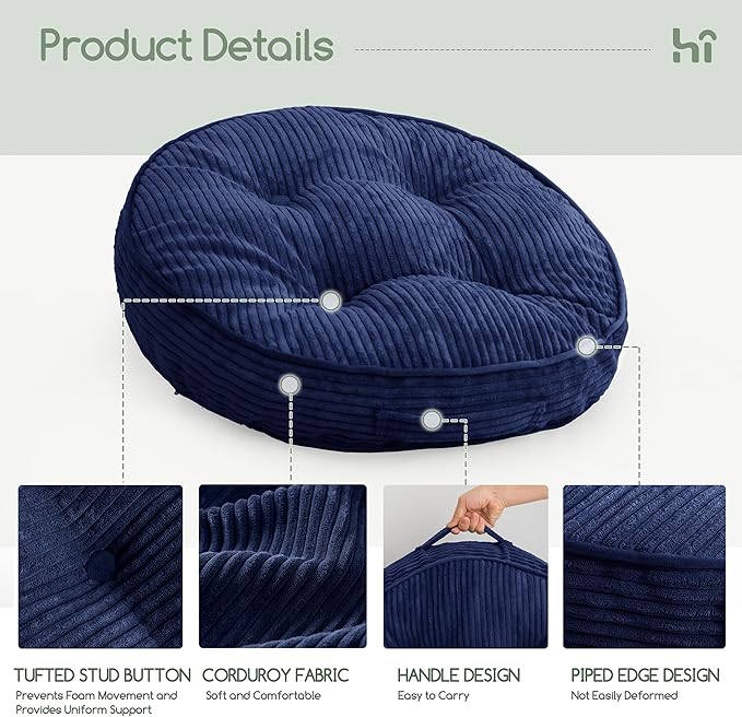 HIGOGOGO Floor Pillow Cushion for Adults, Meditation Cushion Pillow, Large Round Floor Sitting, Tufted Corduroy Cover, for Tatami Living Room or Yoga, 22x22 Inch, Navy