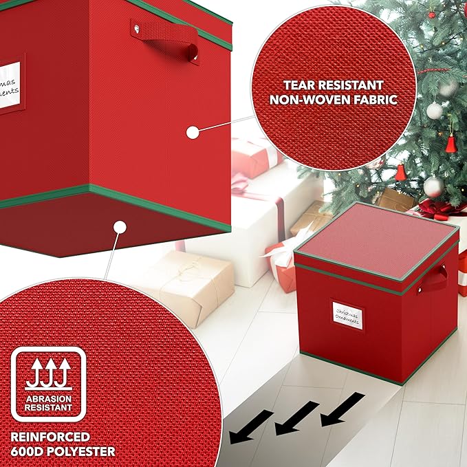 Simple Houseware Heavy-Duty Christmas Ornament Storage Box with Adjustable Dividers, Stores up to 64 Ornaments, Reinforced Base, Red