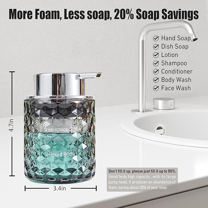 Malachi Foaming Hand Soap Dispenser, Refillable Clear Glass Pump Bottles for Liquid or Lotion, Modern Foam Dispenser for Bathroom, Kitchen, Commercial