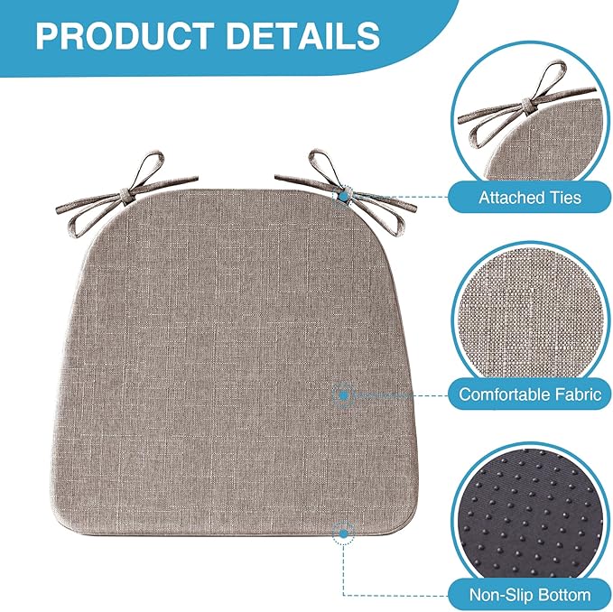 IASEAHK Chair Cushions for Dining Chairs Set of 6, Non Slip Kitchen Chair Pads, 17" x 16" x 2", Indoor Dining Chair Cushions with Ties, D-Shaped Seat Cushions for Kitchen Chairs, Light Brown