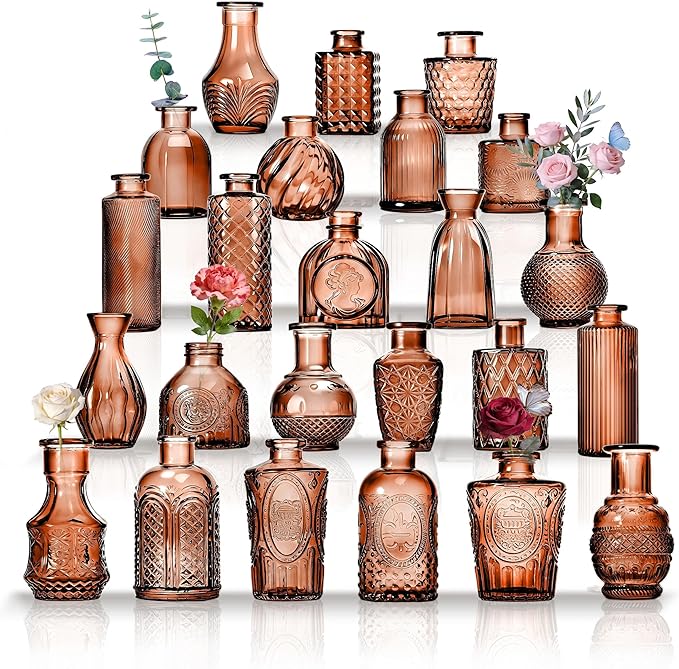 Mini Bud Vases As Wedding Centerpieces for Tables,Clear Bud Vases for Flowers,Small Flower Vases Suitable for Birthday Party,Anniversary,Wedding Reception,Baby Shower (Amber, 24PCS)
