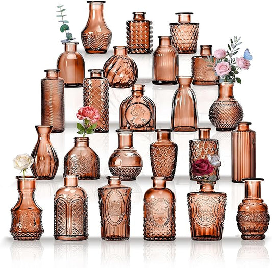 Mini Bud Vases As Wedding Centerpieces for Tables,Clear Bud Vases for Flowers,Small Flower Vases Suitable for Birthday Party,Anniversary,Wedding Reception,Baby Shower (Amber, 24PCS)