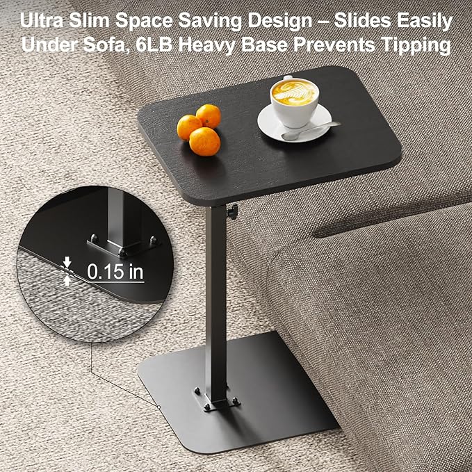 HzTinT Side Table Sofa Tray for Couch Heavy Metal Base Swivel/Adjustable Height, Sofa Bed Bathroom Study TV Tray C Shaped End Table Food Snack Trays for Eating