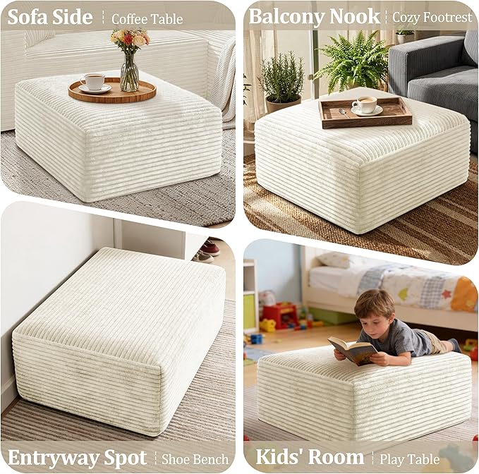 Corduroy Ottoman, Modern Boneless Cloud Foot Rest Foam Support, Oversized Modular Sectional Sofa Stool for Living Room, Bedroom & Small Spaces, No Assembly Required(Beige, Ottoman) | Foam Support, Living Room Bedroom, No Assembly Required