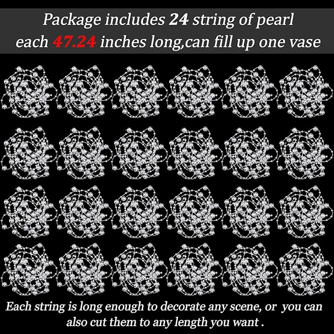Tondiamo 24 Pcs Artificial Pearl String for Floating Candle Faux Pearls Beads String Garland Centerpiece Decoration for Vases Filler Wedding Spring Holiday Party Decor(Silver)