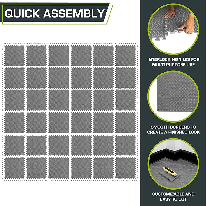 ProsourceFit Puzzle Exercise Mat ½ in, EVA Interlocking Foam Floor Tiles for Home Gym, Water-Resistant Mats Workout Equipment, Floor Padding for Kids, Grey, 24 in x 24 in x ½ in, 144 Sq Ft – 36 Tiles