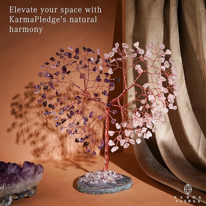 Handmade Healing Crystal Tree of Life Amethyst & Rose Quartz Chakra Tree for Money, Good Luck, Feng Shui Home Decor, Living Room Office Deocration, Unique Birthday Gifts for Women, Men, Mom