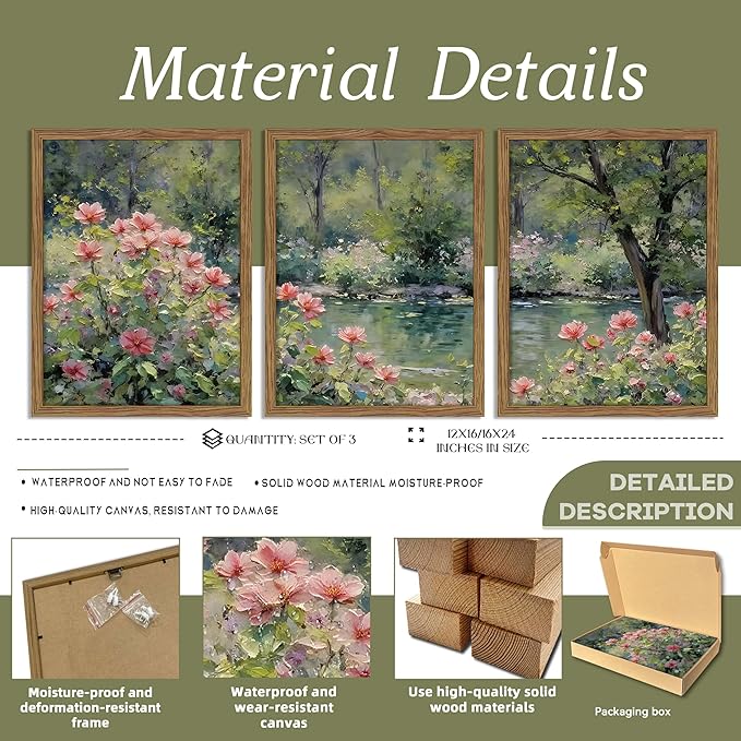 Framed Monet Wall Art Set of 3, Impressionist Botanical Floral Canvas Wall Decor, Vintage Cottagecore Artwork Paintings, Nature Landscape Flowers Prints Pictures for Living Room Bedroom 12x16 Inch