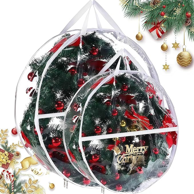 2Pcs Christmas Wreath Storage Container 30 Inch Clear Wreath Storage Bags Round Durable Wreath Bags Clear Everyday Bag with Dual Zippers and Sturdy Handles for Holiday Christmas Wreaths（Large）