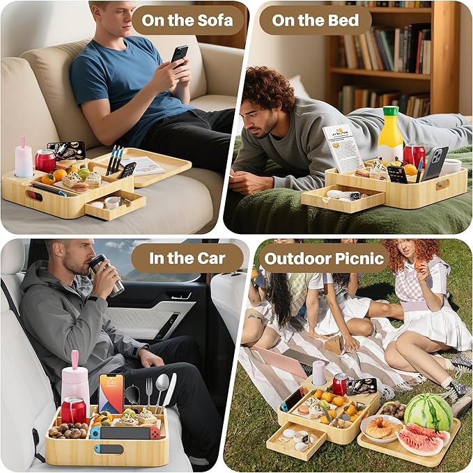 Couch Cup Holder, Couch Tray Cup Holder Sofa Tray, Large Capacity 2-Tier Wooden Trays with Drawer for Sofa, Bed, Picnic, Drinks, Snacks, Remote, Cell Phone, Headphones (Solid Pine Wood)12.5*12.5 in