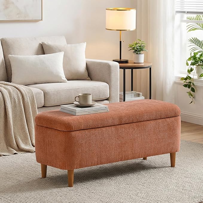 39.4”Ottoman with Storage,Upholstered Comfy Storage Bench Ottoman with Wooden Legs,End of Bed Bench Footstool for Hallway Entryway Bedroom Living Room Orange