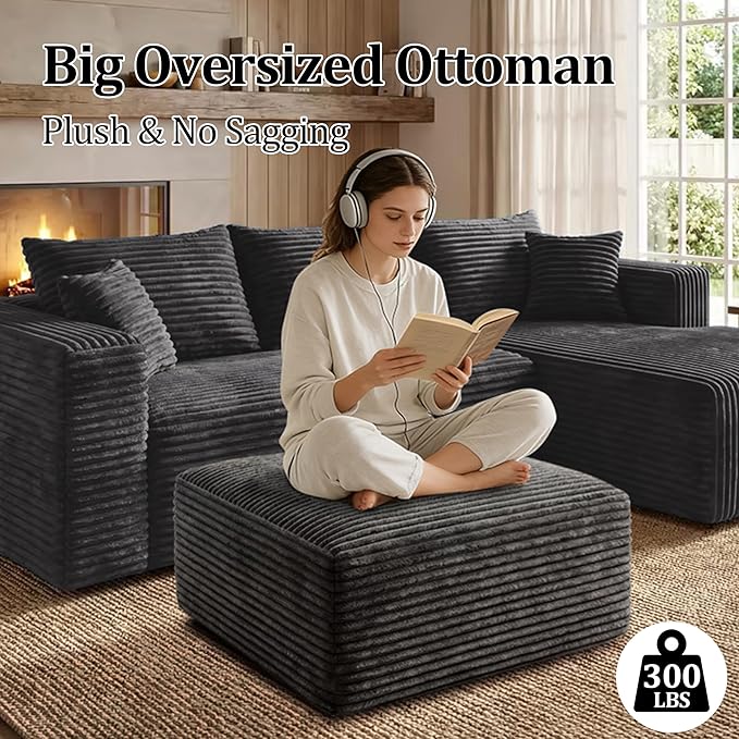 Corduroy Ottoman, Modern Boneless Cloud Foot Rest Foam Support, Oversized Modular Sectional Sofa Stool for Living Room, Bedroom & Small Spaces, No Assembly Required (Drak Gray, Ottoman) | Foam Support, Modular Sectional, No Assembly Required