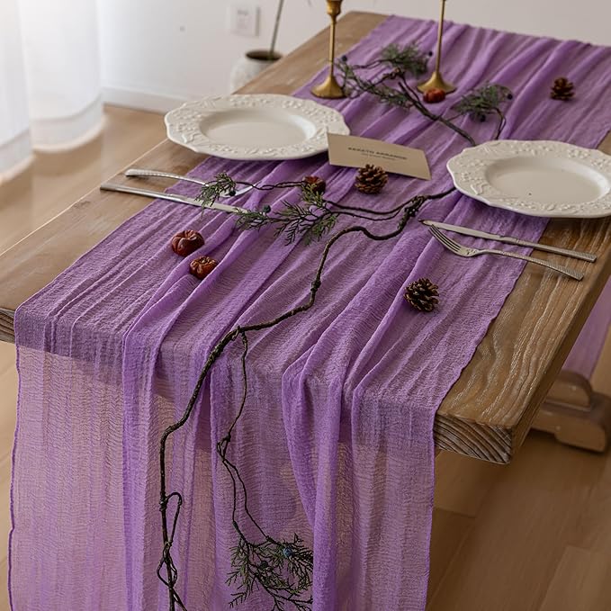 Keketoarrange Spring Table Runner Lavender Gauze Rustic Boho Lilac Cheesecloth Grape Table Runner 120 Inch 10 FT for Wedding Baby Bridal Shower Birthday Party Long Sheer Easter Home Decorations
