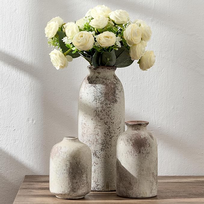 Ceramic Vase Set of 3, Decorative Terracotta Farmhouse Rustic Vases for Living Room Kitchen Bedroom Bathroom Entryway Mantel Table, Pottery Home Decor for Bouquet Pampas Grass Dried Fresh Flowers
