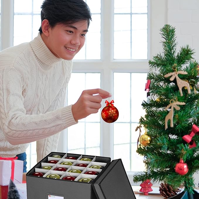 Primode Holiday Ornament Storage Chest, With 4 Trays Holds Up to 64 Ornaments Balls, With Dividers (Gray)