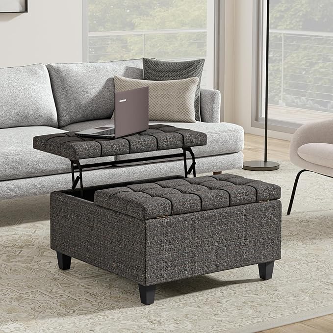 SIMPLIHOME Harrison Small Coffee Table Storage Ottoman - 30 inch Wide Upholstered Tweed Look Fabric Square Lift-Top Ottoman in Ebony, Transitional Ottoman for Living Room with Hidden Storage