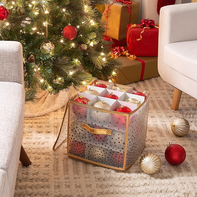 Simplify 27-Count Ornament Organizer| Gold | Holds 27 Ornaments | Christmas Storage | Light Weight | Dimensions: 12.2 x 12.2 X 12.2 | Easy Carry Handles