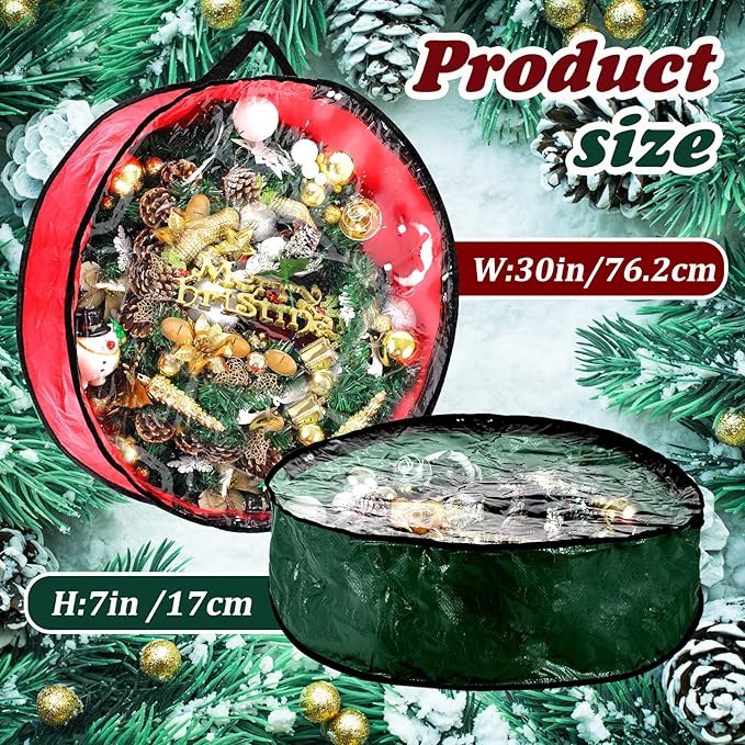 Dunzy 8 Pieces Wreath Container Christmas Wreath Storage Bag Garland Tear Resistant Fabric Round Boxes with Clear Window for Storage for Xmas Holiday Ornament(30×30×7.8 Inch,Red, Green)
