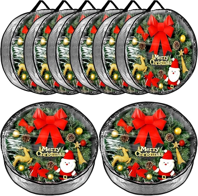 Dunzy 8 Pieces Wreath Container Christmas Wreath Storage Bag Garland Tear Resistant Fabric Round Boxes with Clear Window for Storage for Xmas Holiday Ornament(24×24×7.8 Inch,Gray)