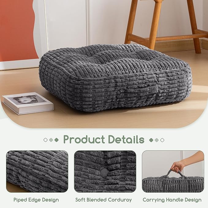 6" Washable Floor Pillow Cushion for Adults, Meditation Cushion Pillow, Removable Tufted Blended Corduroy Cover, Large Square Floor Sitting for Tatami Living Room or Yoga, 22x22 Inch, Machine Washable