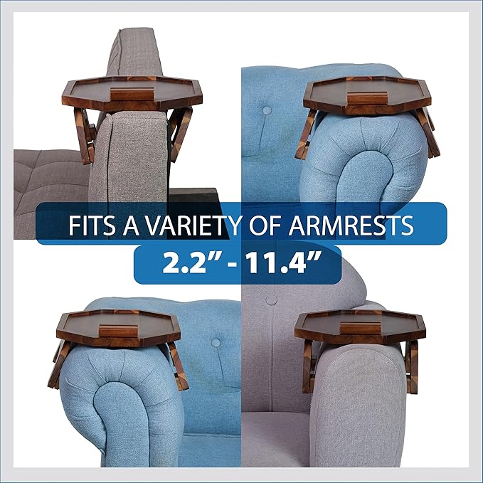 BLUEWEST Sofa Armrest Tray, Acacia Wood Couch Arm Clip on Tray Table with 360° Rotating Phone Holder –Fits Most Couch Arm Sizes–Non-Slip, Space-Saving Arm Table for TV Dinners, Remote, Drinks & Snacks