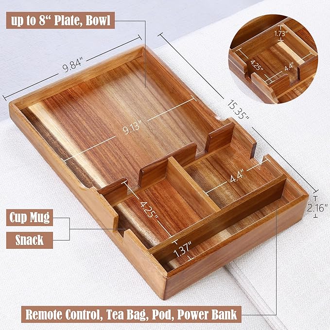 Nnewvante Couch Tray Insert with Cup Holder,2-in-1 Insert & Flat Sofa Organizer Acacia Wood with 2 Cup Holders,Fits Middle Couch or Ottomans,for Snacks, Drinks, Remotes,15.35x9.84-inch