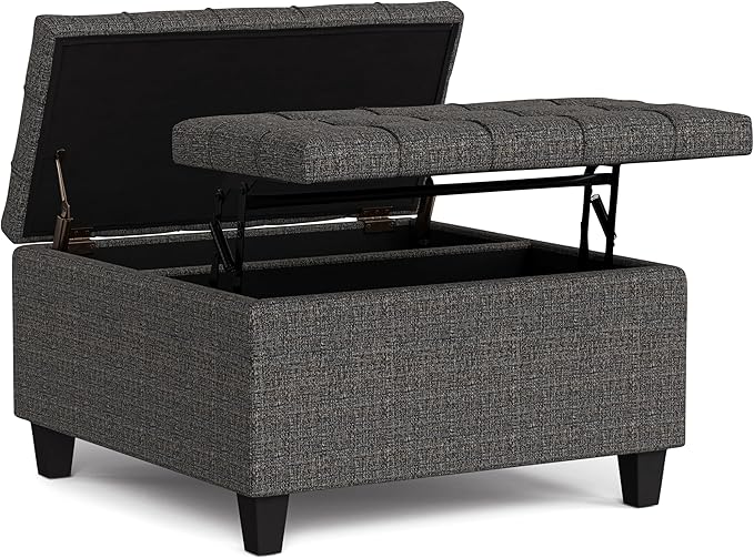 SIMPLIHOME Harrison Small Coffee Table Storage Ottoman - 30 inch Wide Upholstered Tweed Look Fabric Square Lift-Top Ottoman in Ebony, Transitional Ottoman for Living Room with Hidden Storage