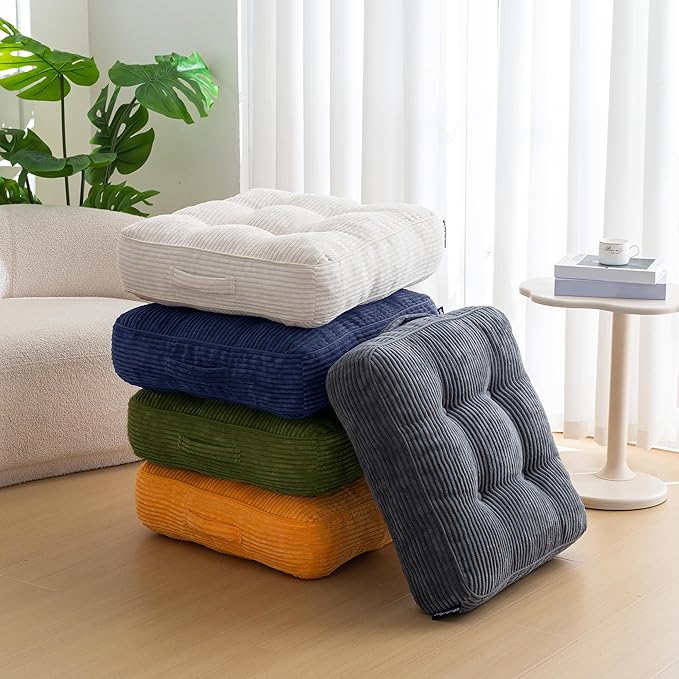 HIGOGOGO 6" Extra Thick Floor Pillow Cushion for Adults, Meditation Cushion Pillow, Large Square Floor Sitting, Tufted Corduroy Cover, for Tatami Living Room or Yoga, 22x22 Inch, Dark Green
