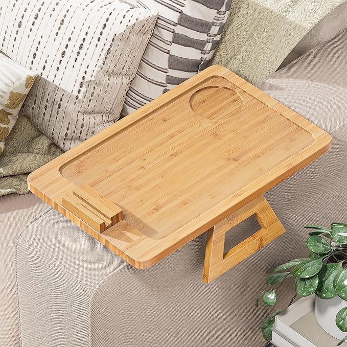 Youpehom Bamboo Sofa Tray,Couch Arm Table, Clip-On Armrest Tray Table for Wide Couch Foldable Tray with 360° Phone Holder Couch Arm Tray for Eating/Drinks/Snacks/Remote