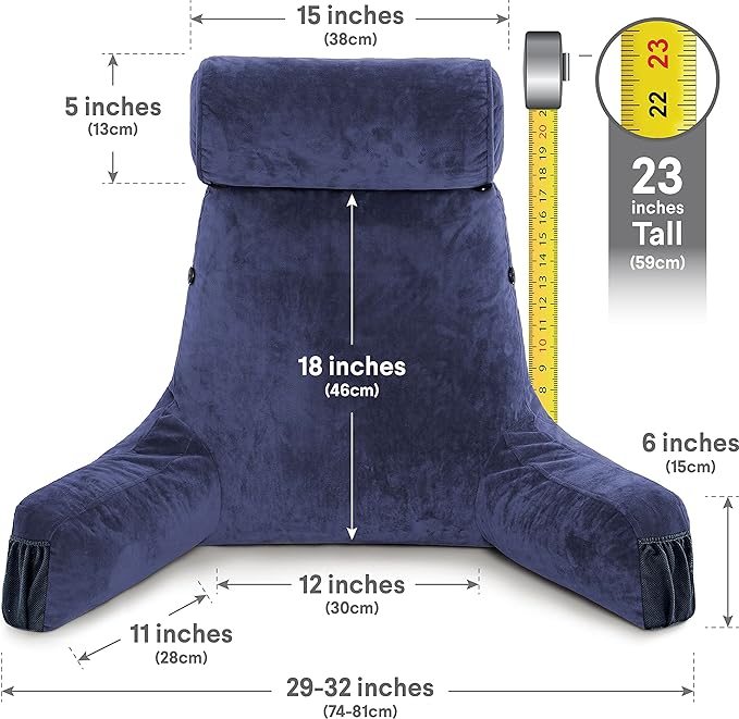 Husband Pillow Medium Reading Pillow with Arms - 23" Backrest for Sitting Up in Bed - Firm Support Bed Rest Pillow for Adults, Neck Roll, Removable Cover - TV, Reading, Lounging - Dark Blue