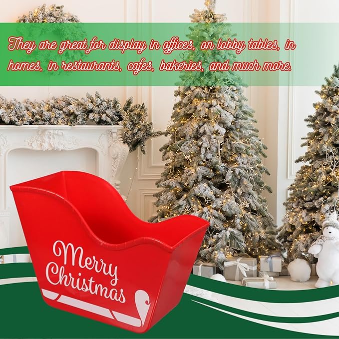 A1U Red Plastic Santa's Sleigh-Shaped Bins, Christmas Holiday Red Stackable Desk Storage Containers Organizer Holder Basket Caddy Gifts Favor Table Home Kitchen Versatile Reusable Decorations, 2 ct.