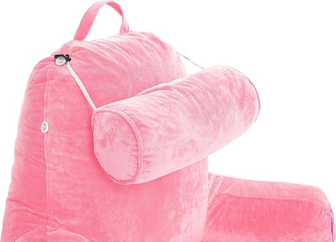 Husband Pillow Medium Reading Pillow with Arms - 23" Backrest for Sitting Up in Bed - Firm Support Bed Rest Pillow for Adults, Neck Roll, Removable Cover - TV, Reading, Lounging - Pink
