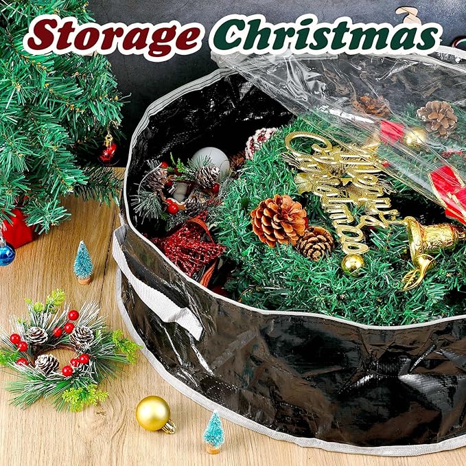 Dunzy 8 Pieces Wreath Container Christmas Wreath Storage Bag Garland Tear Resistant Fabric Round Boxes with Clear Window for Storage for Xmas Holiday Ornament(24×24×7.8 Inch,Black)