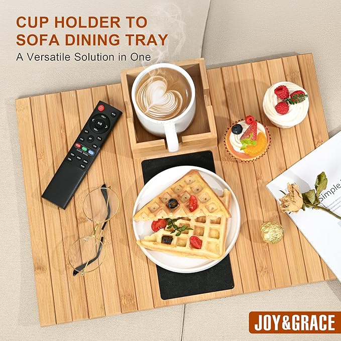Joy&Grace Sofa Armrest Tray with Large Mug Holder, Bamboo Couch Arm Tray, Anti-Slip Couch Cup Holder Foldable Sofa Arm Table for Eating Drinks Cellphone (Color Natural)