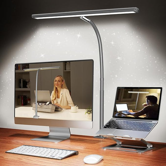 Airlonv LED Desk Lamp for Office Home, Eye-Caring Desk Light with Stepless Dimming Adjustable Flexible Gooseneck, 10W USB Adapter Desk Lamp with Clamp for Reading, Study, Workbench (Grey)