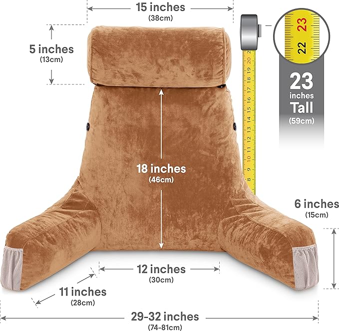 Husband Pillow Medium Reading Pillow with Arms - 23" Backrest for Sitting Up in Bed - Firm Support Bed Rest Pillow for Adults, Neck Roll, Removable Cover - TV, Reading, Lounging - Tan